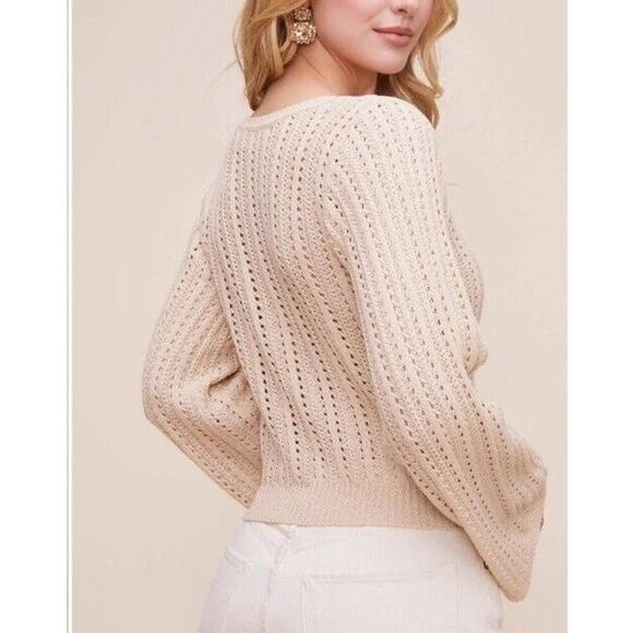 Revolve ASTR the Label NEW Antiqued Cream Cross Knit Open Weave V-Neck Sweater M - Picture 11 of 13